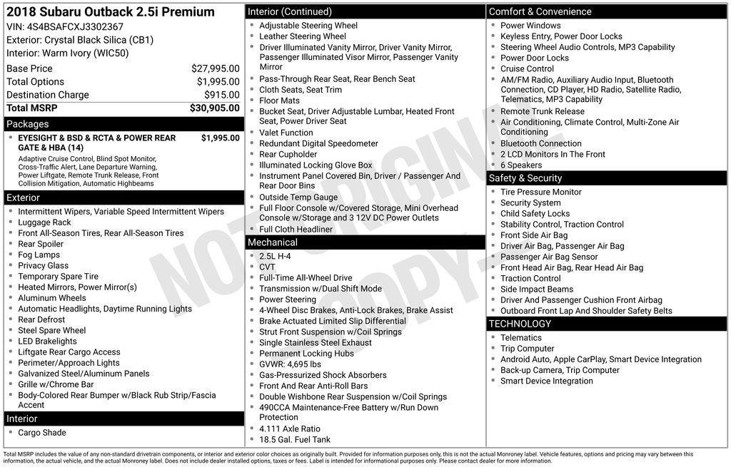 used 2018 Subaru Outback car, priced at $7,995