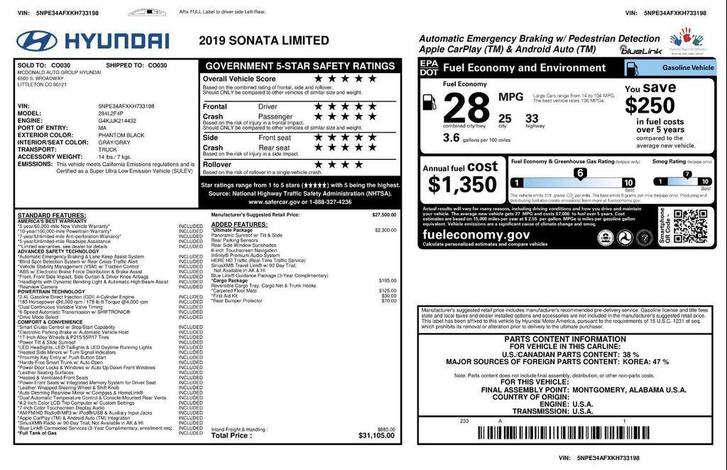 used 2019 Hyundai Sonata car, priced at $13,400