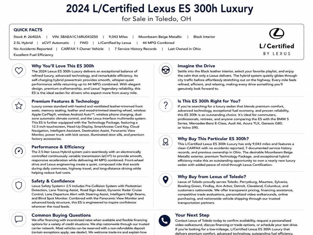 used 2024 Lexus ES 300h car, priced at $49,398