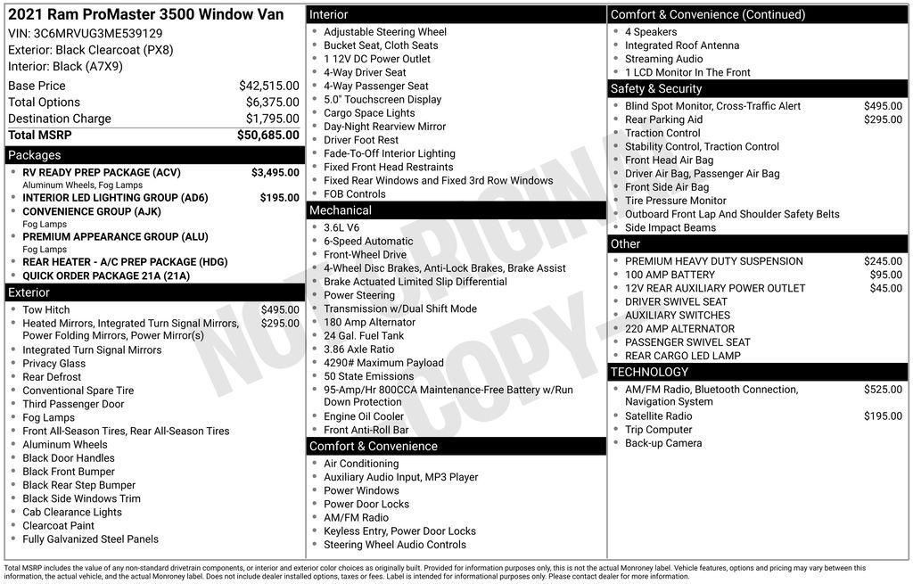 used 2021 Ram ProMaster 3500 Window Van car, priced at $38,100