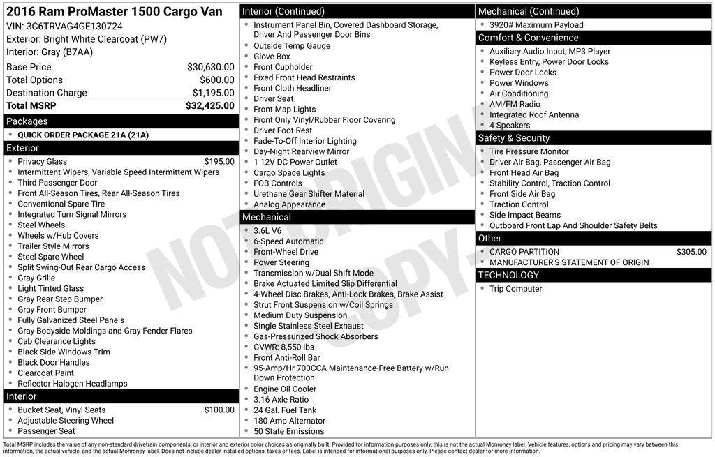 used 2016 Ram ProMaster 1500 car, priced at $11,800