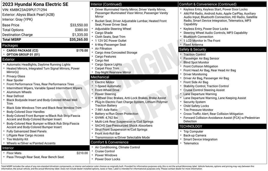 used 2023 Hyundai Kona EV car, priced at $17,500