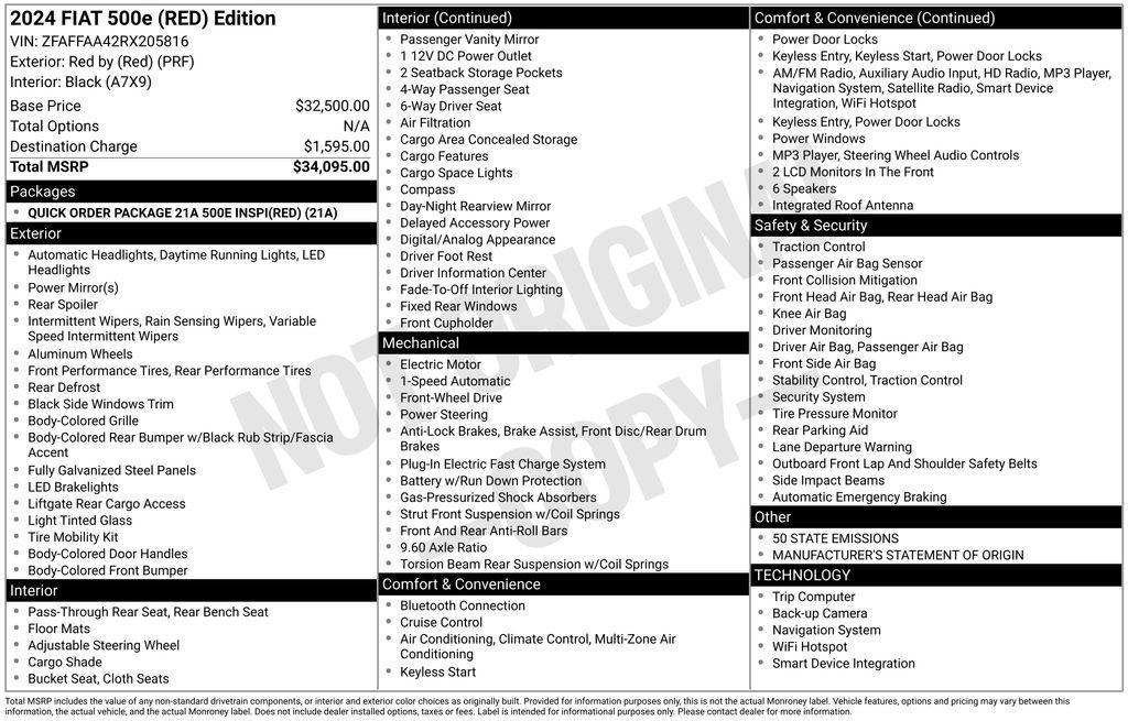 used 2024 FIAT 500e car, priced at $21,000