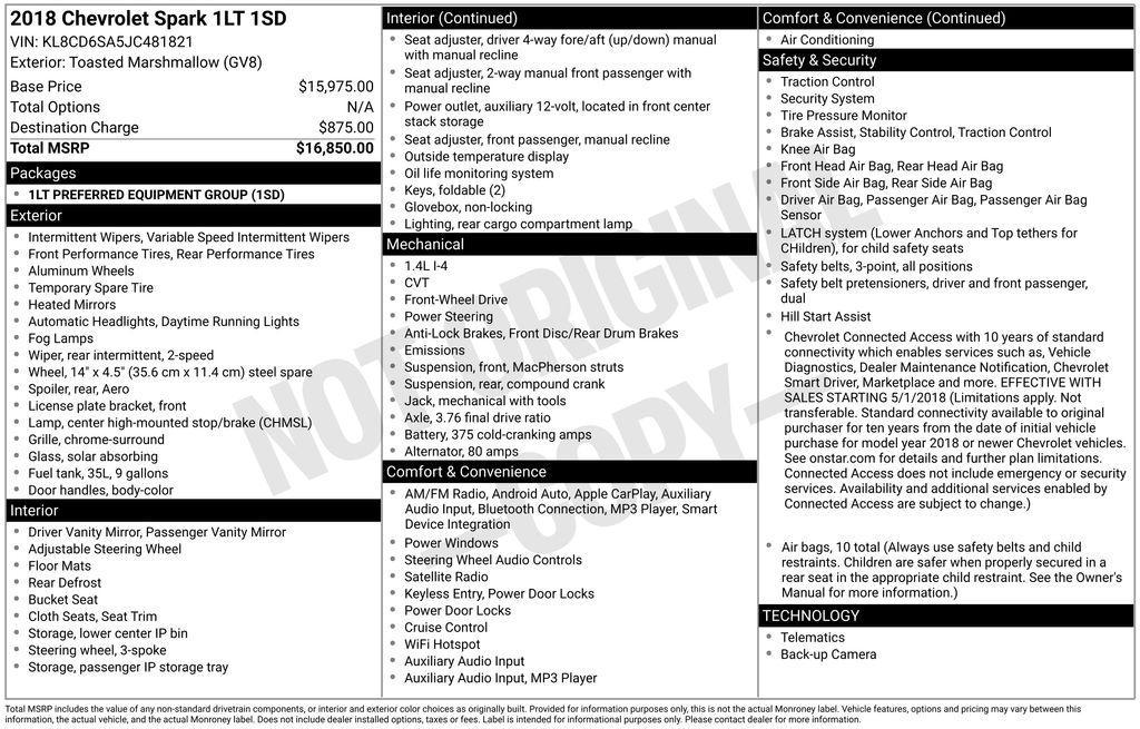 used 2018 Chevrolet Spark car, priced at $6,200