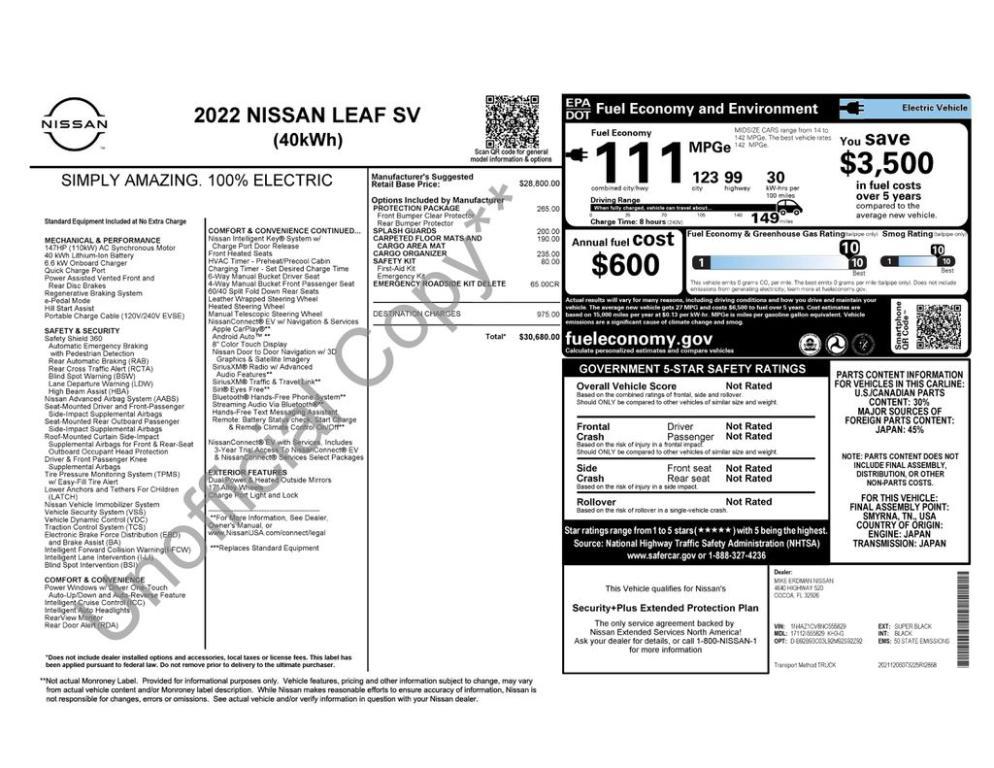 used 2022 Nissan Leaf car, priced at $13,800