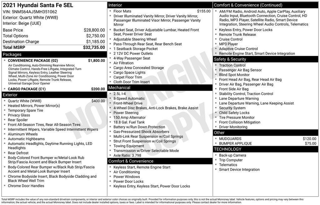 used 2021 Hyundai Santa Fe car, priced at $19,300