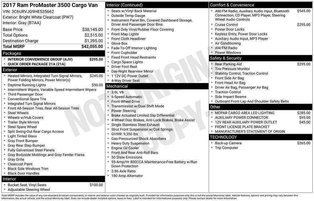 used 2017 Ram ProMaster 3500 car, priced at $19,100