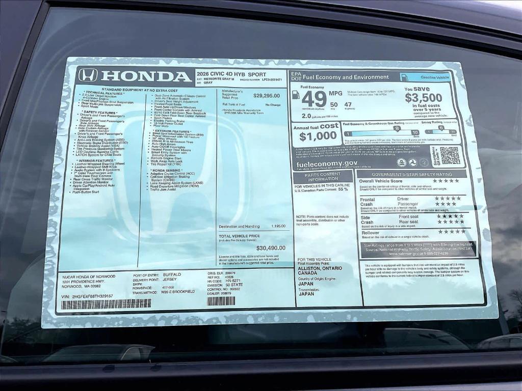 new 2026 Honda Civic Hybrid car, priced at $30,490