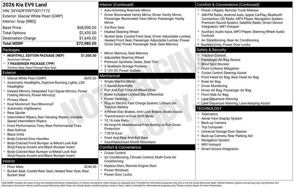 new 2026 Kia EV9 car, priced at $58,846