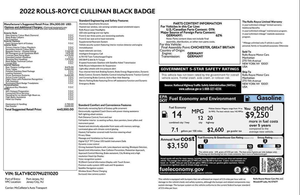 used 2022 Rolls-Royce Cullinan car, priced at $384,859