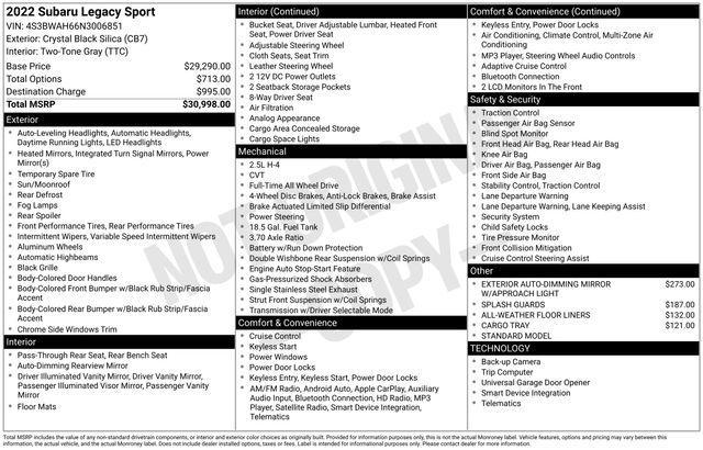 used 2022 Subaru Legacy car, priced at $23,387