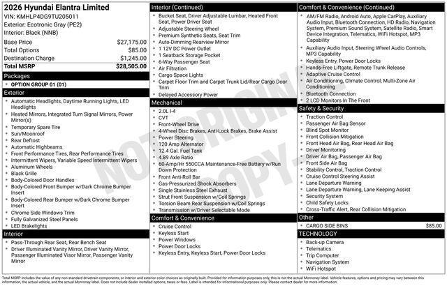 new 2026 Hyundai Elantra car, priced at $24,940
