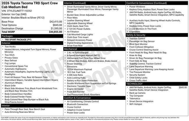 new 2026 Toyota Tacoma car, priced at $44,855