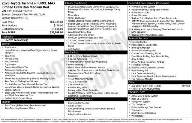 new 2026 Toyota Tacoma Hybrid car, priced at $58,289