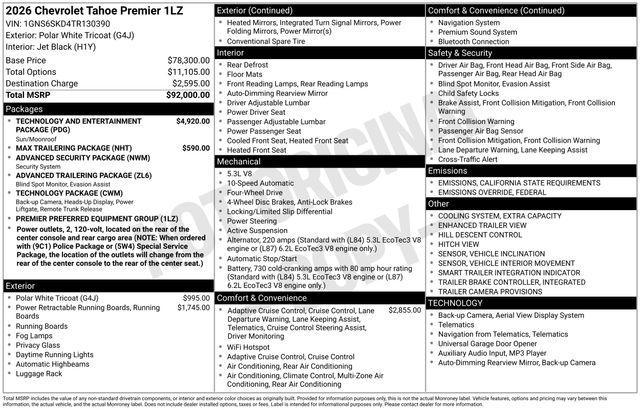 new 2026 Chevrolet Tahoe car, priced at $87,500