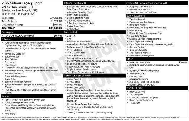 used 2022 Subaru Legacy car, priced at $24,000