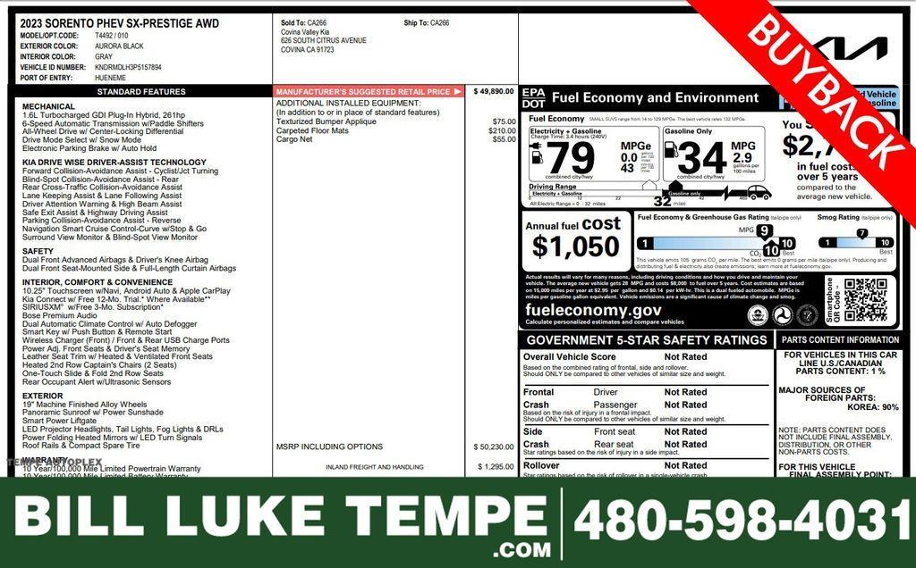 used 2023 Kia Sorento Plug-In Hybrid car, priced at $31,975