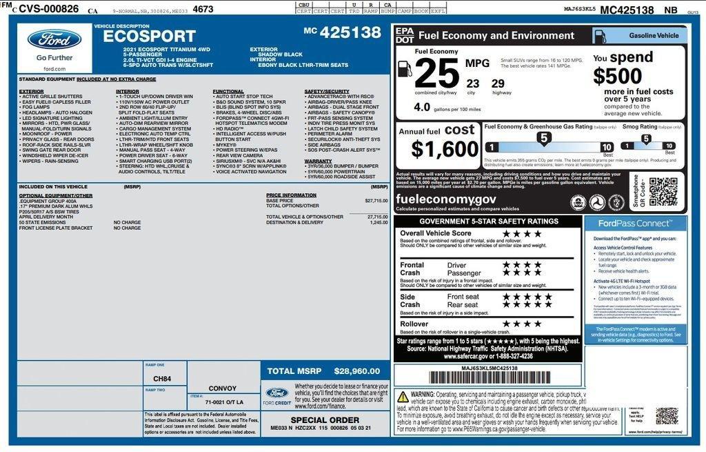 used 2021 Ford EcoSport car, priced at $17,373