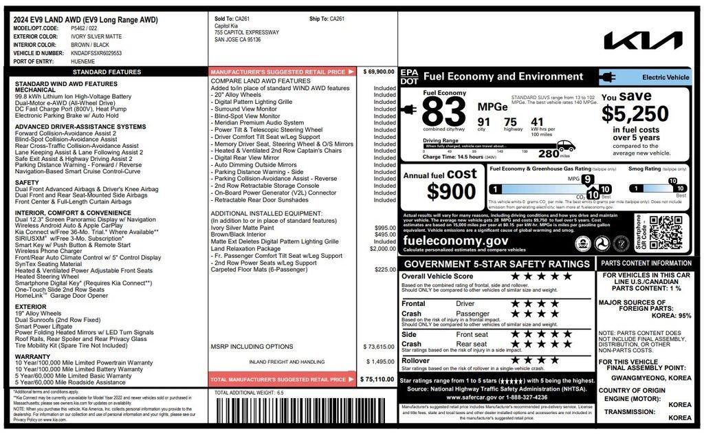 used 2024 Kia EV9 car, priced at $43,474