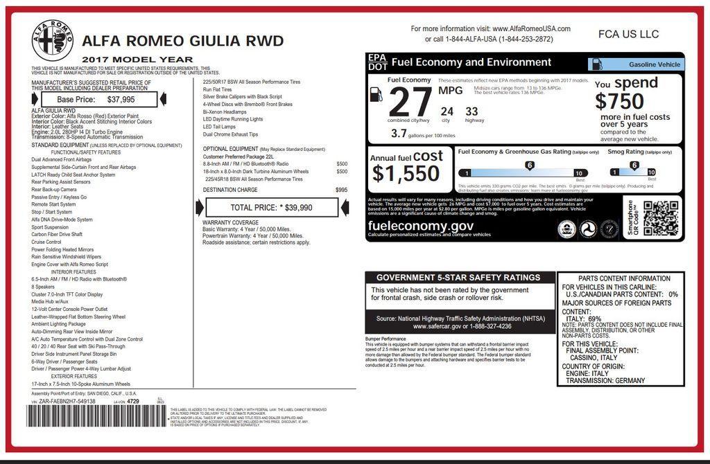 used 2017 Alfa Romeo Giulia car, priced at $15,273