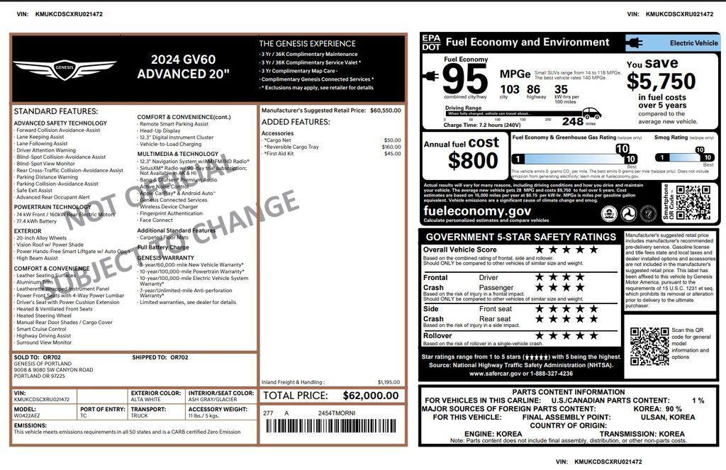 used 2024 Genesis GV60 car, priced at $33,975