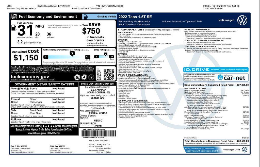 used 2022 Volkswagen Taos car, priced at $18,973