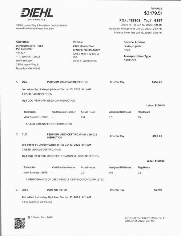 used 2020 Honda Pilot car, priced at $25,803