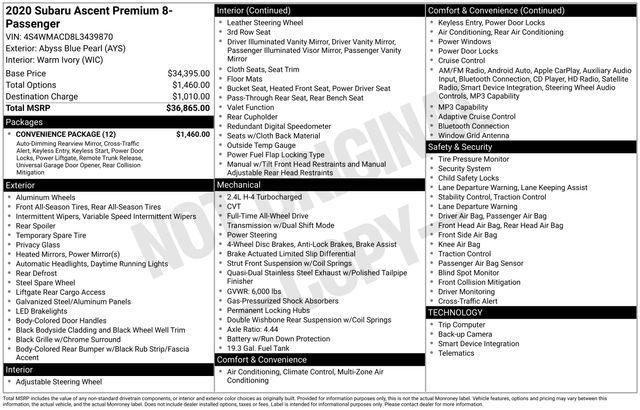 used 2020 Subaru Ascent car, priced at $33,530