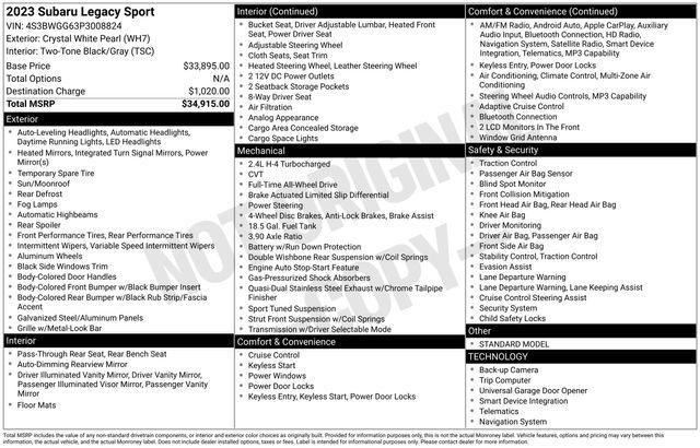 used 2023 Subaru Legacy car, priced at $24,995
