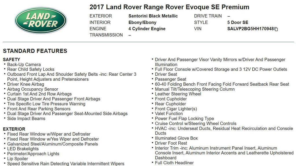 used 2017 Land Rover Range Rover Evoque car, priced at $12,998