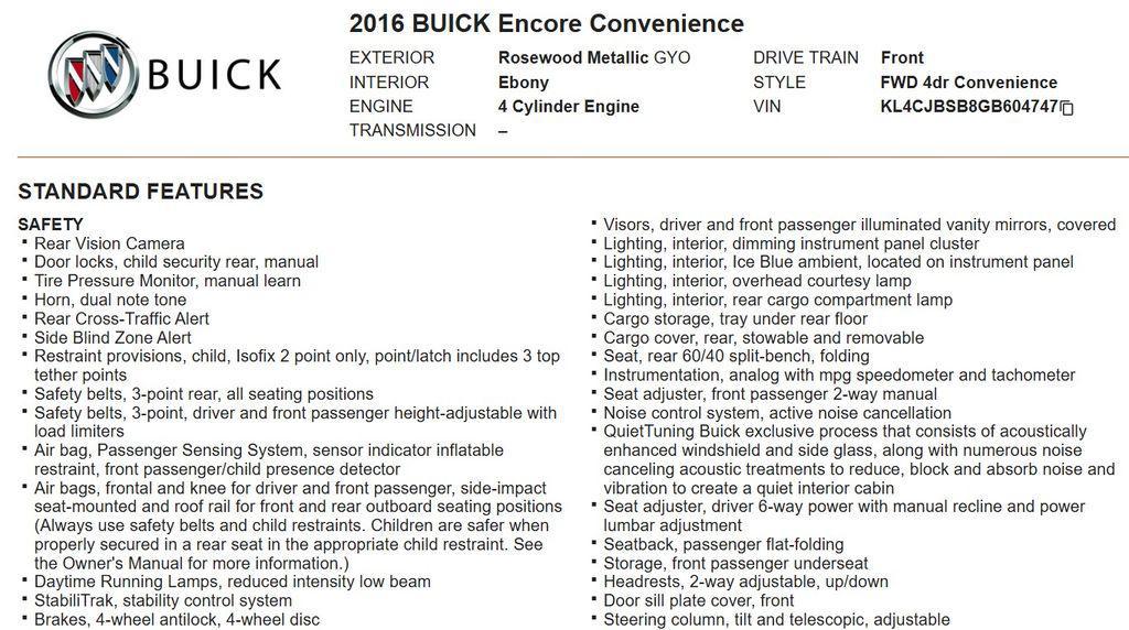 used 2016 Buick Encore car, priced at $9,837