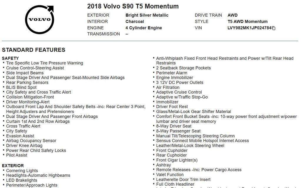 used 2018 Volvo S90 car, priced at $13,988