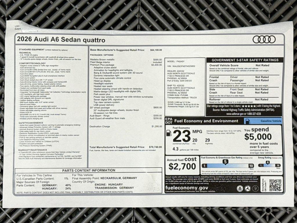 new 2026 Audi A6 car, priced at $70,740