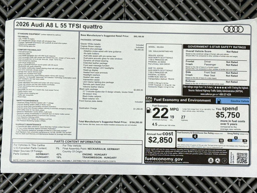 new 2026 Audi A8 car, priced at $104,295