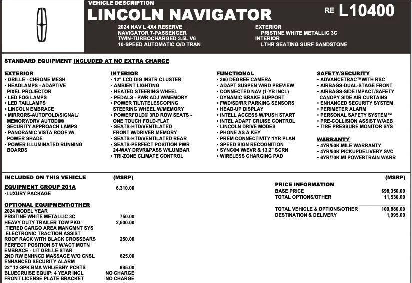 used 2024 Lincoln Navigator car, priced at $55,594