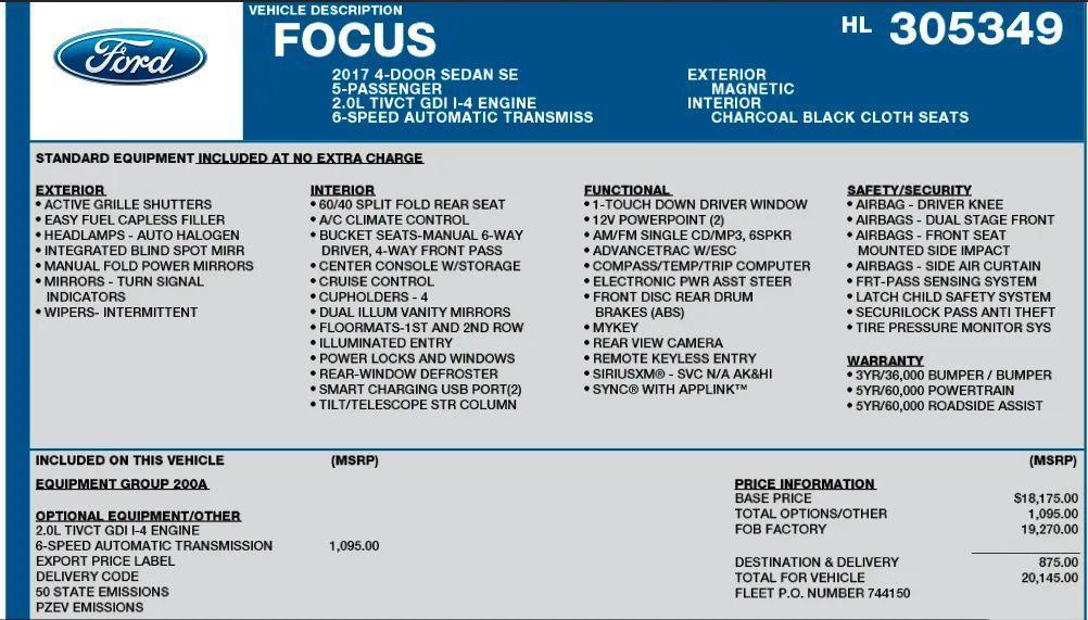 used 2017 Ford Focus car, priced at $6,995