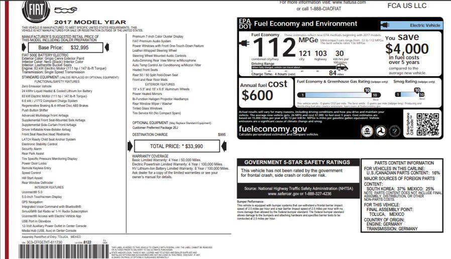 used 2017 FIAT 500e car, priced at $4,995