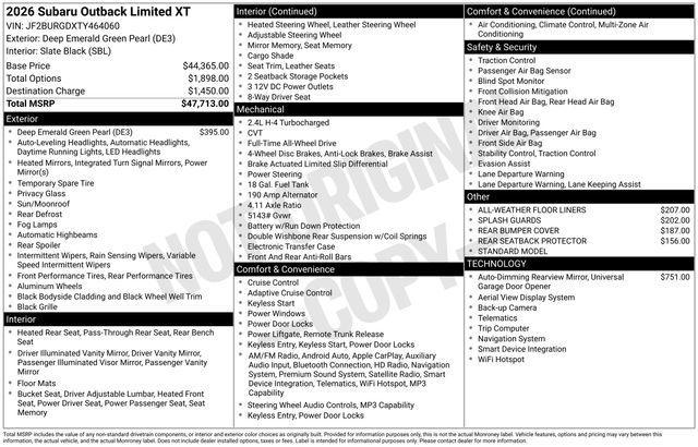 new 2026 Subaru Outback car, priced at $47,217