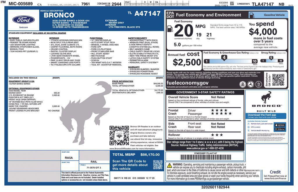 new 2026 Ford Bronco car, priced at $56,170