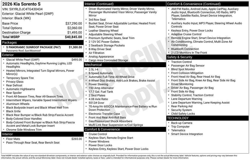 new 2026 Kia Sorento car, priced at $36,057