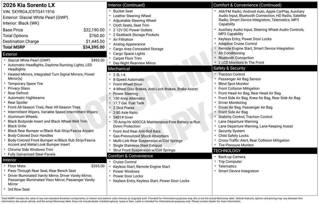 new 2026 Kia Sorento car, priced at $30,251