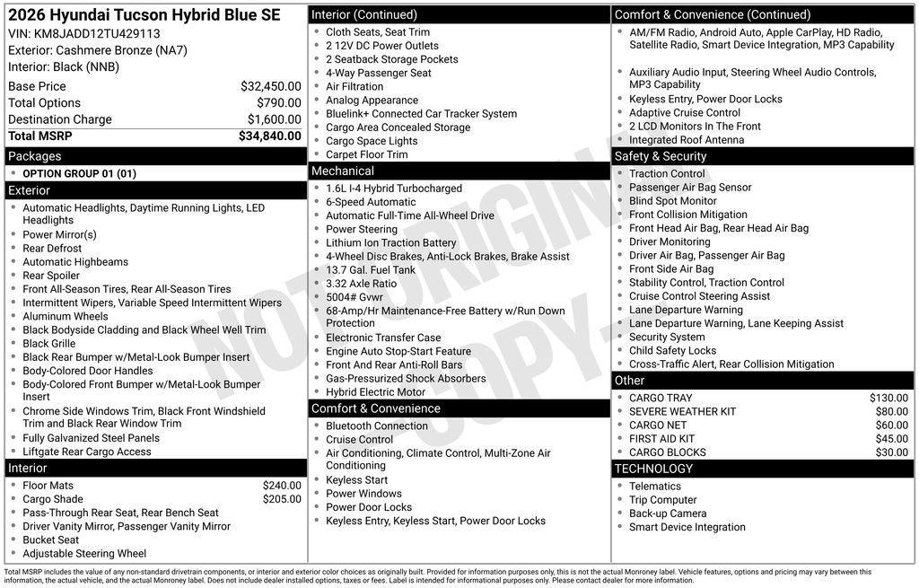 new 2026 Hyundai TUCSON Hybrid car, priced at $34,016