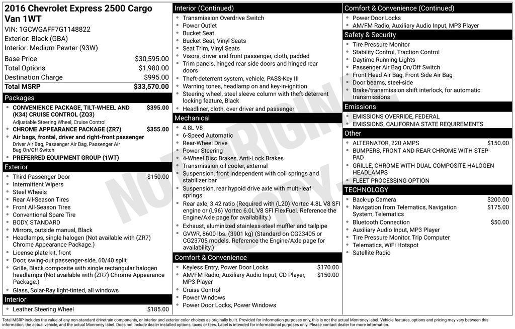 used 2016 Chevrolet Express 2500 car, priced at $16,950