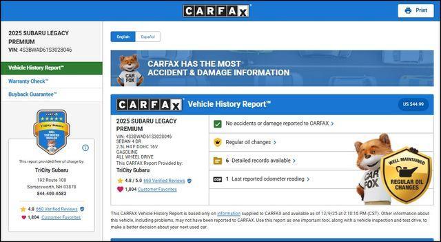 used 2025 Subaru Legacy car, priced at $24,600