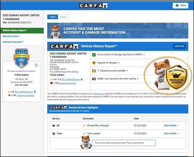 used 2025 Subaru Ascent car, priced at $43,800