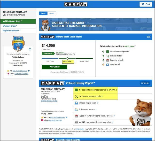 used 2020 Nissan Sentra car, priced at $14,500