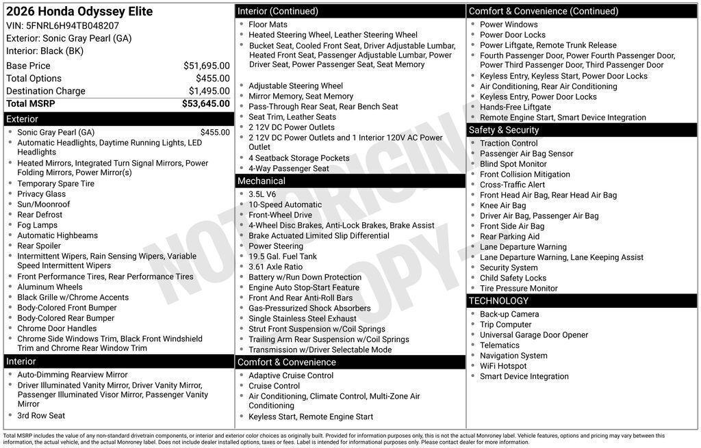 new 2026 Honda Odyssey car, priced at $50,857