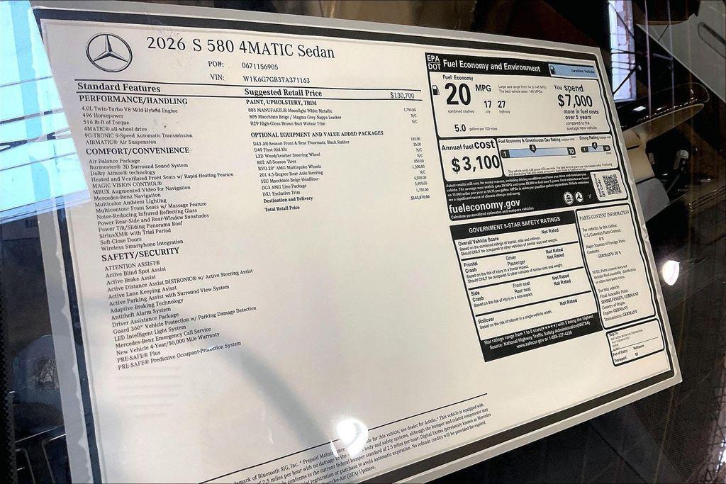 new 2026 Mercedes-Benz S-Class car, priced at $143,870