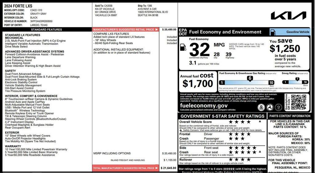 used 2024 Kia Forte car, priced at $16,494