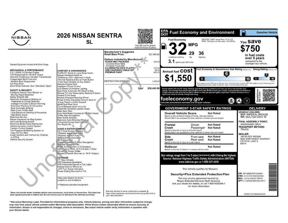 new 2026 Nissan Sentra car, priced at $28,782